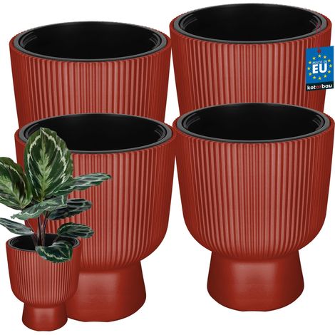 KOTARBAU® Lot de 4 Pot de Fleur - Pot Plastique Plante Ø 29 cm - avec Bac Intérieur -  Pot de Jardin - Pot de Fleur Exterieur -  H : 36 cm - PVC - Cuivré - Nervuré (1/4)