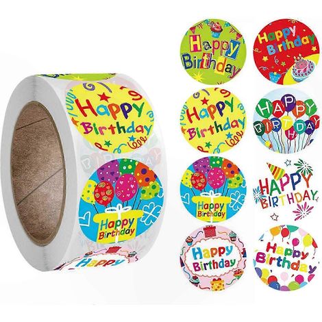 Packung mit 500 selbstklebenden Geburtstagsetiketten, 8 runde Designs für Geschenke, Partys und Scrapbooking, originelle Deko-Aufkleber (1/5)