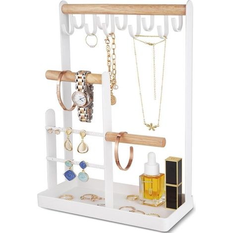 Support Bijoux - Support Bijoux en Bois et Métal - Avec Plateau et Pieds Antidérapants - Pour Rangement et Présentation de Bijoux - Blanc (1/5)