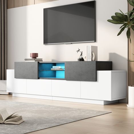 Meuble TV 180x40x45 cm moderne en panneau de particules blanc et gris avec étagères en verre et éclairage LED (1/5)