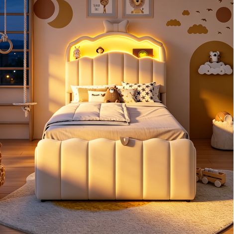 Letto contenitore per bambini 90 x 200 cm in velluto, LED, USB/USB-C, beige HAVRYA (1/5)