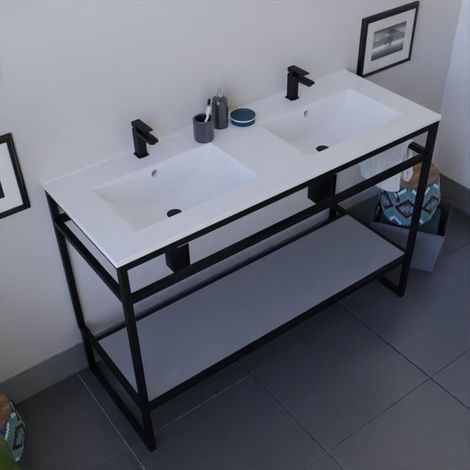 Meuble salle de bain STRUCTURA 120 cm avec plan double vasque- Céramique - Gris (1/4)