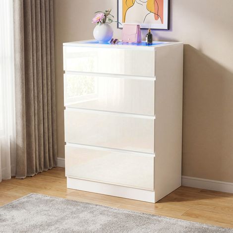 FLASIDU Commode 4 tiroirs en Blanc – MDF, Plateau de table en verre avec éclairage LED, 20 couleurs de lumière réglables, 60 x 40 x 90 cm, Design élégant et moderne
