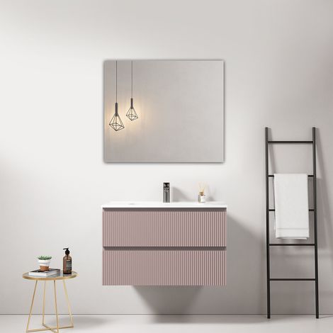 Mobile bagno sospeso cannettato 80 cm Rosa Retro Lavabo in Ceramica Specchio Quadro - Fiji Paint (1/4)