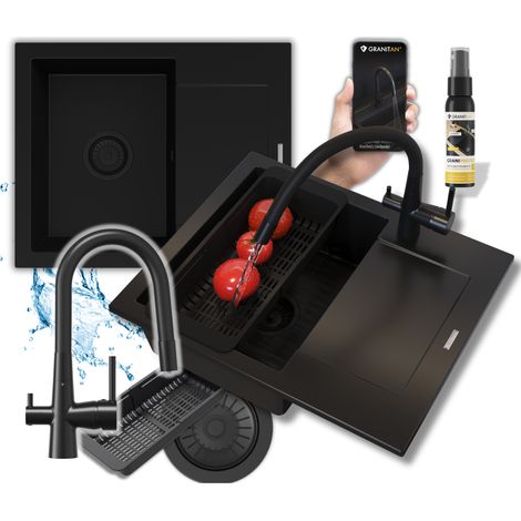 Évier de cuisine en granit, 1 bac avec égouttoir réversible 57 x 47 cm noir, kit avec mitigeur 3 voies FLUO pour eau filtrée, siphon, égouttoir télescopique et GraniProtect 30 ml, Bello (1/5)