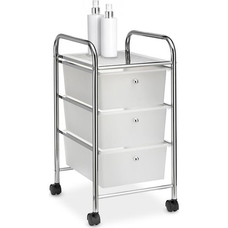 Caisson sur roulettes GINA chariot avec 3 tiroirs en plastique blanc transparent et 1 étagère, rangement salle de bain métal chromé (1/4)