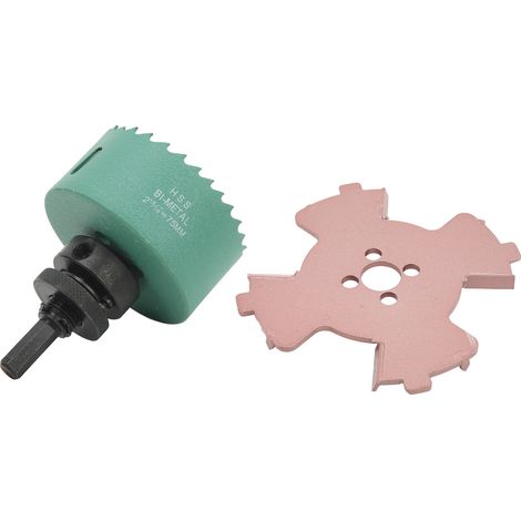 Kit foret trou sans bordure pour spot, acier allié vert noir, mandrin hexagonal, centreur et fraise étagée 75 mm, pour placo et bois (1/5)