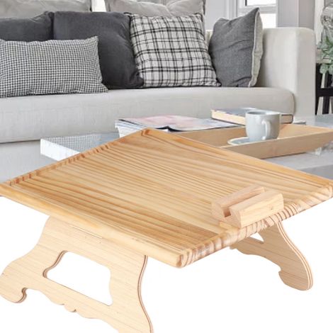 Table d'appoint pliable en bois à fixer sur l'accoudoir d'un canapé ou d'un fauteuil inclinable, avec support pour téléphone. Forme rectangulaire. (1/5)