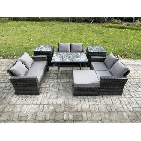 Fimous 7 PCS Garten Sofa im Freien Set Polyrattan Gartenmöbel Set mit Rechteckiger Esstisch Loveseat Sofa 2 Beistelltischen 2 Großer Hockern Dunkelgrau Gemischt (1/5)