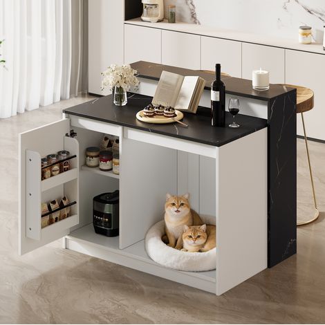Isla de cocina con barra y zona para mascotas 120x80x100 cm blanco negro