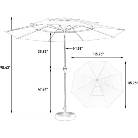 Parasol aluminium 3m (10pi) trois niveaux à inclinaison automatique,triple toile anti-UVarmature antirouille bleu foncé pour terrasse,pied non inclus (1/4)