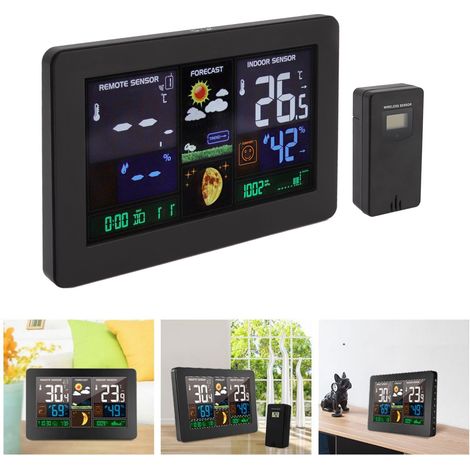 Farbige Wetteruhr, Wettervorhersageuhr, elektronische LCD-Uhr mit Anzeige von Innen- und Außentemperatur sowie Luftfeuchtigkeit per Funk, europäischer Standard 100–240 V (1/5)