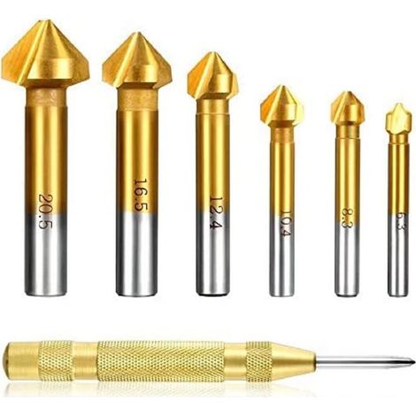 Set di 6 frese a 90°, set di frese HSS, rivestimento in titanio, Ø 6,3-20,5 mm, fresa con 1 punzone di centraggio automatico in ottone (set di frese coniche + 1 punzone) (1/5)