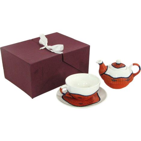 Set Teiera con Tazza e Piattino in Porcellana Decoro in Bambù Arancione (1/3)