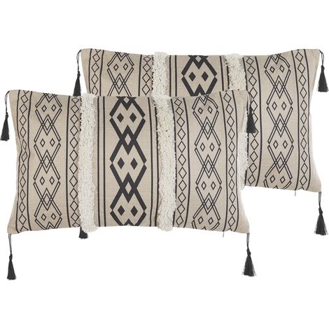 Conjunto de 2 cojines de poliéster beige negro patrón geométrico borlas decorativas 30 x 50 cm Pulmonaria