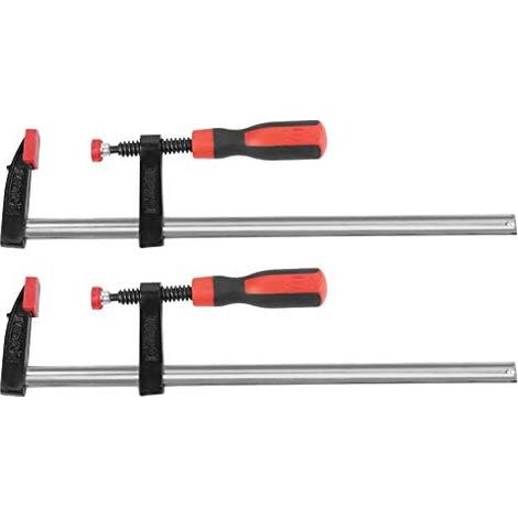 Set di 2 morsetti metallici a sgancio rapido, con larghezze di serraggio di 300 mm e 150 mm, ideali per lavori di falegnameria, lavorazione dei metalli e progetti fai-da-te.