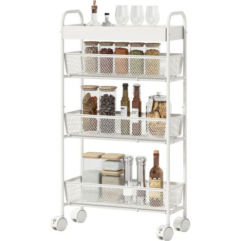 Chariot de rangement à 4 niveaux, desserte à roulettes, 3 paniers coulissants, panier supérieur 19 x 43,2 x 80 cm blanc (1/5)