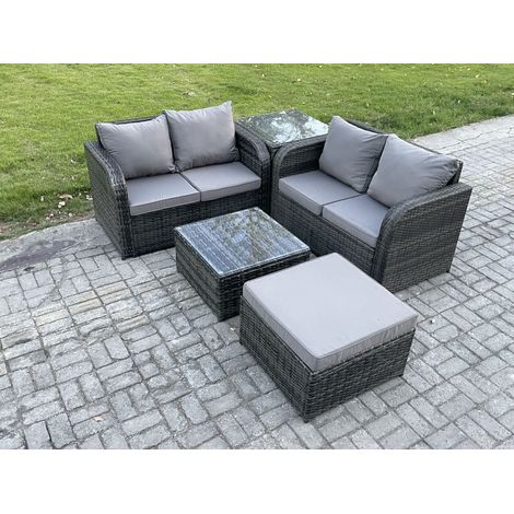 Fimous Rattan Sofa Set Outdoor Garden Furniture Set with Square Coffee Table Loveseat Sofa Big Footstool Side Table Dark Grey Mixed (1/5)