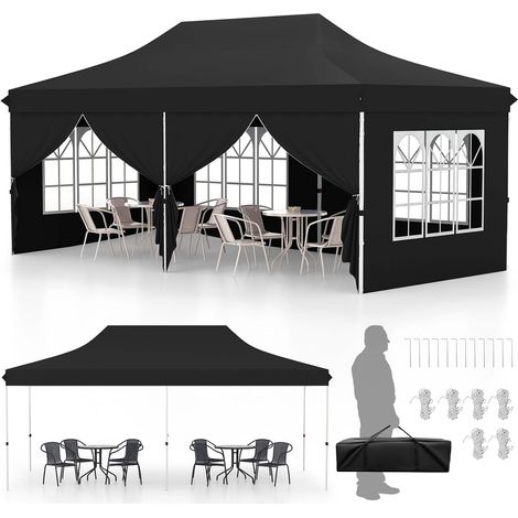 COSTWAY Carpa Plegable 3x6m, 6 Paredes Laterales Desmontables, Pergolas de Jardin Pop UP, Protección UV 50+ Impermeable, Cenadores Pabellón Jardin Exteriores negro (1/5)