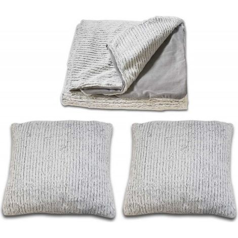 Lot plaid + 2 coussins gris clair en polaire douce effet tricot - LENO (1/4)