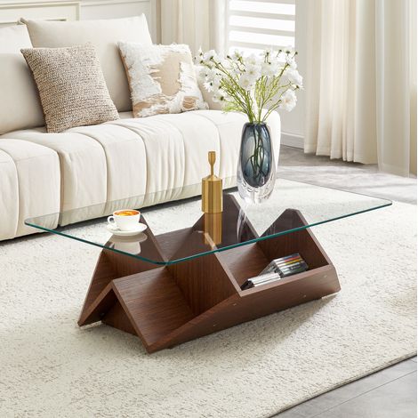 Mesa baja, con almacenamiento, en vidrio templado y MDF, acabado nogal, estilo moderno, 130x63x33,5 cm (1/5)