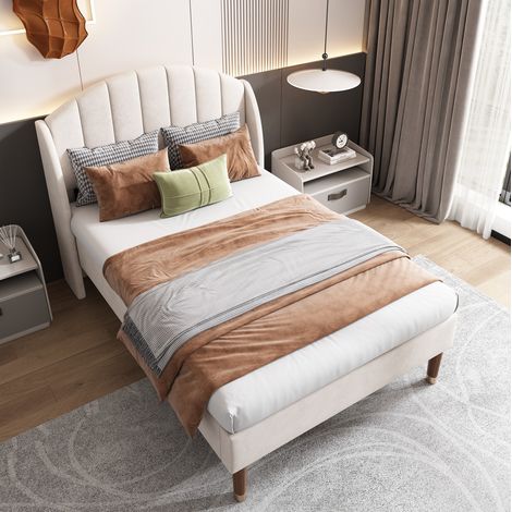 Polsterbett 90/200 cm beige aus Samt mit Lattenrost und hohem Kopfteil (1/5)