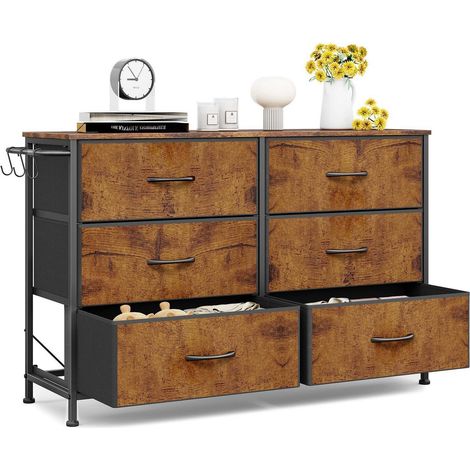 Kommode mit 6 Stoffschubladen, Industrial Metall, Rustikal Braun, 100x30x65cm (1/5)