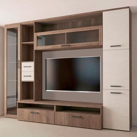 Parete Attrezzata Mobile Soggiorno Moderno Con Base TV 2 Ante Pensile 4 Ante e 2 Mensole Design Contemporaneo in Melaminico Facile da Pulire 200 x 194 x 40 cm Bianco - Colore: Noce Spatolato