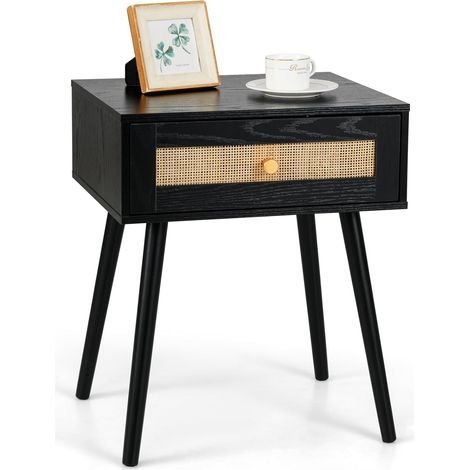 COSTWAY Table de Chevet Bois, Table de Nuit en Rotin avec Tiroir, 4 Pieds en Pin, Chevet de Lit Cannage pour Chambre, Salon, Style Bohème, 48 x 40 x 58 cm (1,Noir) (1/5)