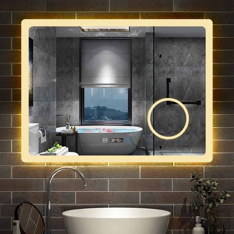 Aica Sanitaire – Miroir lumineux de salle de bain 100cm x 60cm – Horloge numérique – 3 couleurs LED réglables – Anti-buée – Verre 5mm d'épaisseur - 3couleurs