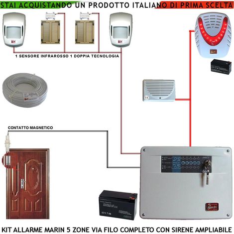 Kit Impianto Antifurto Marin Centrale a 5 Zone 2 Sensori di Movimento 2 Contatti Magnetici 1 Contatto Magnetico Per Infissi Metallici Sirena Interna ed Esterna Lampegggiante 2 Chiavi Cavo 2+4 100 MT (1/4)