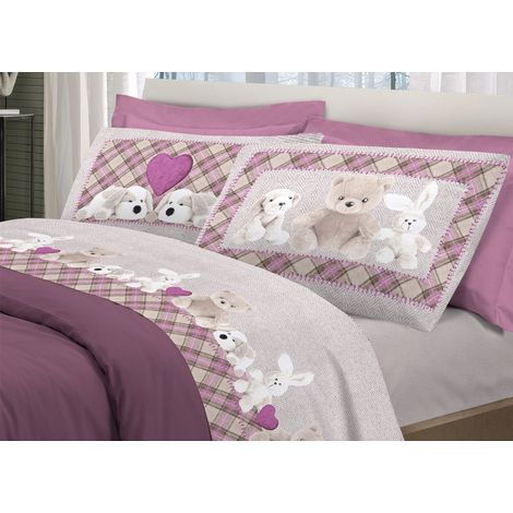 Completo Lenzuola Flanella Pensieri Delicati 100% Cotone Dis. Peluches Rosa, misuraSingolocoloreRosa