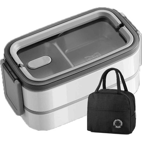 boîte à lunch isotherme,304Boîte à lunch portable blanche en acier inoxydable à 3 compartiments + sac à lunch
