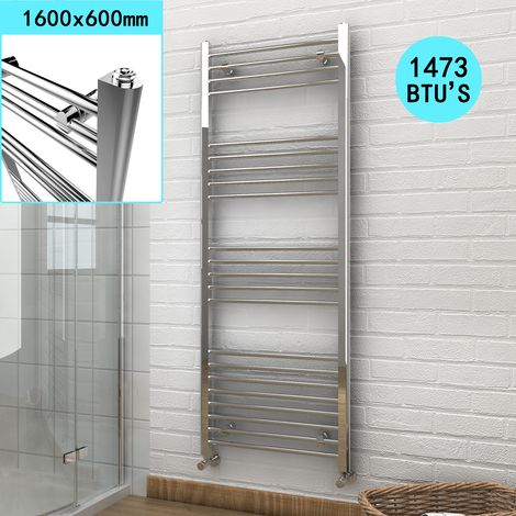 ELEGANT 1600 x 600 mm Chrome Designer Flat Panel Heated Straight Towel Rail Radiator + Chrome Thermostatic Radiator Valves (1/5)