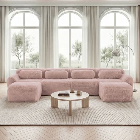 Sofá modular en U de tejido de felpa rosa, sin montaje, base antideslizante y configuración flexible
