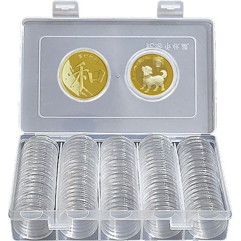 Capsules pour pièces de monnaie rondes de 100 pièces de 27mm, support rond et étui de protection avec boîte de rangement (1/5)