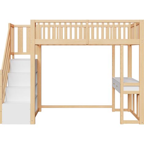 Lit mezzanine 90x200 avec bureau et escalier de rangement sécurisé, lit mezzanine blanc pour enfant en pin massif, 250x96x175cm. (1/5)