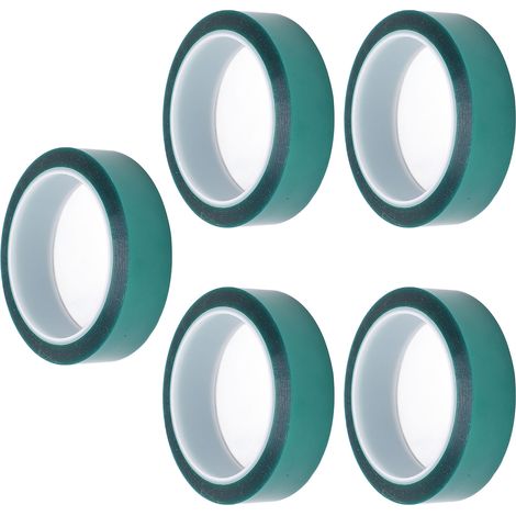 Vendu par paquets de 5, couche adhésive de 0,05 mm d'épaisseur, surface de 25 mm de large, longueur totale de 33 m, ruban PET vert haute température. (1/5)