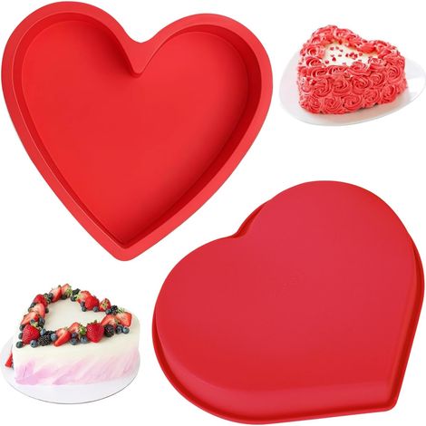 2PCS Silicone Heart Shaped Cake Tin, 10 inch Silicone Love Heart Baking Tin, Cake Pan Baking Moulds for Muffins Puddings Brownie Bread (Red)