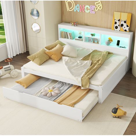 Letto estraibile 140x200 cm in MDF e pannelli bianco con LED salvaspazio senza materasso – MEUBLIV (1/5)