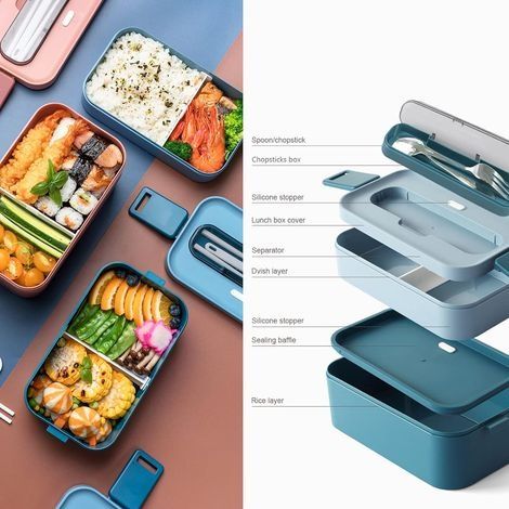 Isolierte Lunchbox (1600 ml), inklusive Besteck, auslaufsichere Bento-Box mit 2 Fächern, Kunststoff-Lunchbox für Kinder und Erwachsene, ideal für Büro, Schule oder Picknick, blau (1/4)