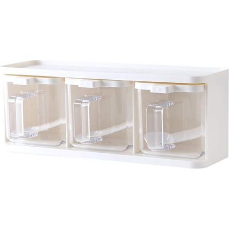 Boîte à épices, boîte de rangement à épices à 3 compartiments avec cuillère, récipient de rangement transparent pour épices, pot de rangement pour sel, sucre et épices de cuisine (1/5)