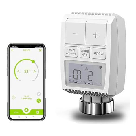 Tête thermostatique connectée WiFi programmable – Compatible Alexa/Google Home – Écran LCD – Détection de fenêtre – Installation facile