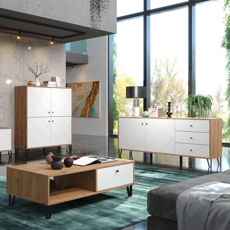 Wohnzimmer Möbel Set modernes Design TORINO-19 in Artisan Eiche Nb. mit weiß matt, B/H/T: ca. 321/136/40 cm (1/5)