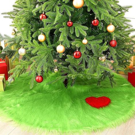 Nouveauté Jupe de sapin de Noël verte 90 cm x 120 cm, jupe de sapin en peluche, décoration de base de sapin exquise, tapis de sol, jupe de sapin verte en forme de cœur à longs poils, 120 cm.