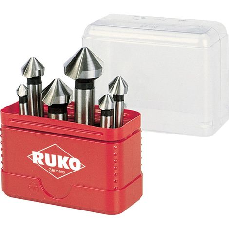 Jeu de 6 fraises à chanfreiner coniques RUKO DIN 335 forme C, acier HSS, angle de 90°.