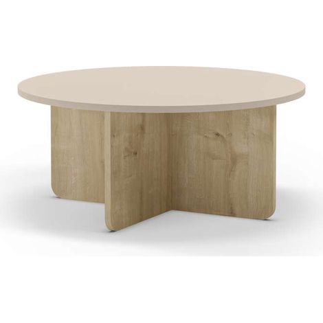 Mesa de centro redonda modelo Noe acabado crema/roble, 38cm(alto) 80cm(ancho) 80m(fondo). (1/4)