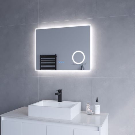 LED Badspiegel Beleuchtet mit Kosmetikspiegel 80x60cm BORAS Typ D  Touch Sensor Dimmbar Antibeschlag Kaltweiß 6400K Warmweiß 3000K  AQUABATOS (1/5)