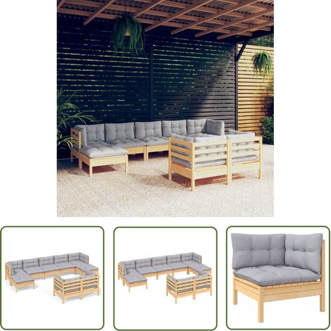 The Living Store Salon de jardin 9 pcs avec coussins gris bois de pin massif - Salon De Jardin - Mobilier De Jardin - Ensemble Salon De Patio - Meubles De Terrasse - Bois De Pin (1/5)