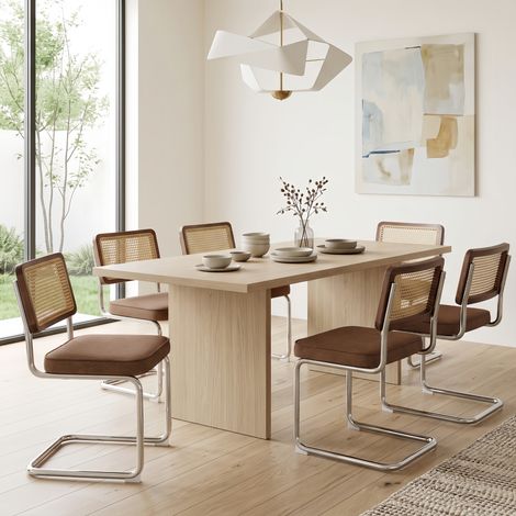 Lot de 6 Chaises Velours Design Mid-Century - Dossier Cannage rotin, Assise Rembourré et Base en Métal Chromé - Marron (1/5)
